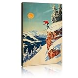 冬のヴィンテージウォールアートペインティングポスター素朴な山スキーアドベンチャーキャンバスプリントスポーツウォール装飾写真リビングルーム装飾55x95cmインナーフレーム
