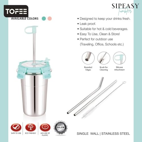 Image of TOFEE Stainless Steel Tumbler with Lid, Straw & Cleaning Brush (Each 400ml) Leakproof Travel Cup, Reusable & Durable, Sippy Cups for Home, Office & Outdoors (1, sea Green)
