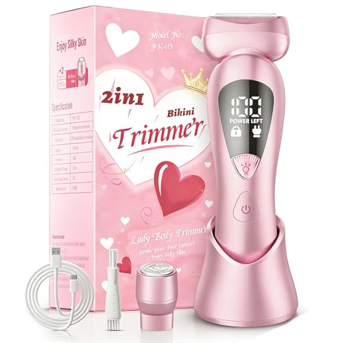 Cordless Electric Razors for Women: Rechargeable Painless Bikini Trimmer for Body Hair - IPX7 Waterproof Shaver with LED Display for Face/Underarm/Leg Blush Pink