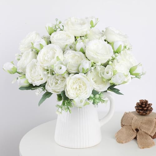 HNVNER 4 Bunches Peony Artificial Flowers White Silk Peonies Flower Bouquet for Wedding Table Centerpiece Home decor - Image 3