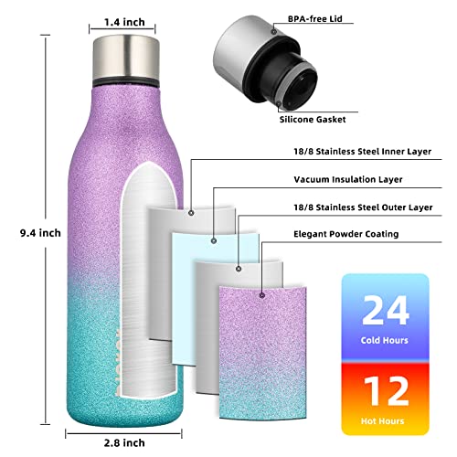 Image of BJPKPK Insulated Water Bottles, 18 oz Stainless Steel Metal Water Bottle with Strap, BPA Free Leak Proof Jugs,Mugs,Flasks, Reusable Thermal Flasks for Sports & Travel,Sparkling Purple Green