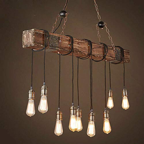 10-Lights Farmhouse Chandelier, Wooden Retro Rustic Pendant Light Industrial Suspension Light Distressed Wood Hanging Pendant Lighting Fixture For Dining Table, Vintage Kitchen, Bar, Island, Billiard #TOP7