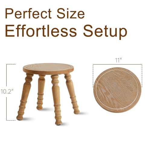 Image of 100% Solid Wooden Step Stool, Small Wooden Stool for Adults, Wood Plant Stools, Small Round Stool for Bathroom, Kitchen, Bedroom, Plant Stand