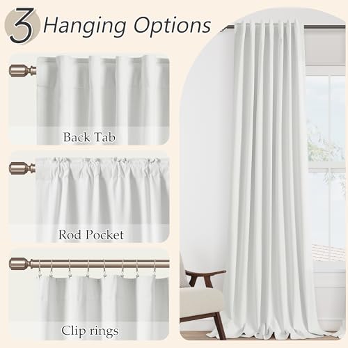Image of Guken White 100% Blackout Linen Curtains 108 Inch Length 2 Panels Set for Living Room Bedroom Back Tab Thermal Insulated Black Out Drapes Room Darkening Farmhouse Window Curtains 52x108