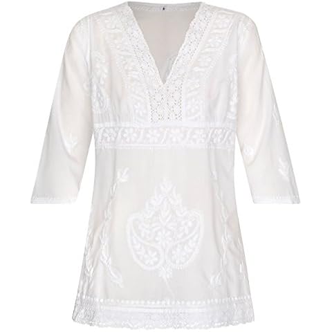Maharanis Kurti Tunika Bluse tailliert Reine Baumwolle weiß handbestickt Gr. XXL 44/46 Cover