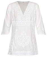 Maharanis Kurti Tunika Bluse tailliert Reine Baumwolle weiß handbestickt Gr. XXL 44/46