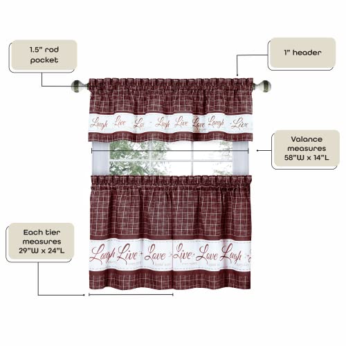 Tier And Valance Window Curtain Set - 58 Inch Width, 24 Inch Length - Live, Love, Laugh (Burgundy) - Light Filtering Drapes For Kitchen, Bedroom, Living & Dining Room By Achim Home Decor #TOP4