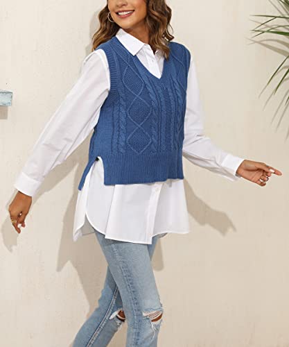 Lueluoye Women Solid Classic V-Neck Sleeveless Pullover Cropped Sweater Vest Top Navy Blue M thumb #4