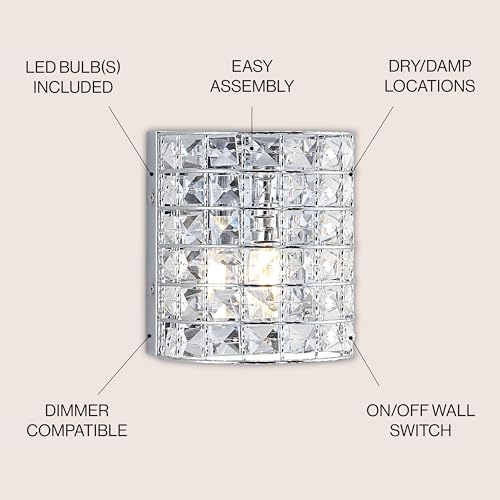 Image of JONATHAN Y 7 inch Chrome Modern LED Vanity Light Sconce for Bathroom Decor, 1-Light, Clear Crystal Shade, Glam Wall Lighting for Hallway Entryway, LED Bulb Included JYL7542A