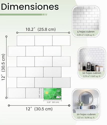 Miniatura 2 de Yoillione Grueso Azulejos Adhesivos Cocina: 10-Piezas Baldosa Vinilo Cocina Pared - 3d Azulejo Metro Adhesivo, 30x30 Cm Blanco