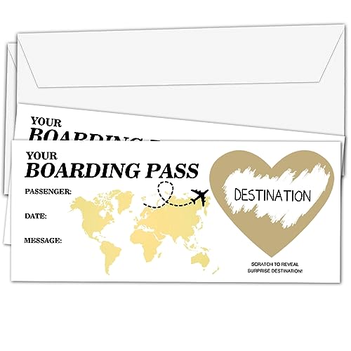 Scratch Off Boarding Pass, Gold Surprise Reveal Cards (2 Set), Surprise Trip Travel Gifts for Holiday, Christmas, Birthday, Wedding, Anniversary, Party Supply-A02