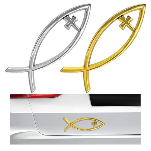 Image of 2PCS Christian Cross Fish Car Emblem, Large Jesus Fish Cross Auto Emblem Badge Bumper Sticker, Weatherproof Christian Fishes Symbol Ichthus Religious Decal for Most Vehicles (Silver+Golden)
