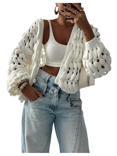 Verdusa Women's Hollow Out Button Up Cardigan Sweaters Crochet Knit Outerwear