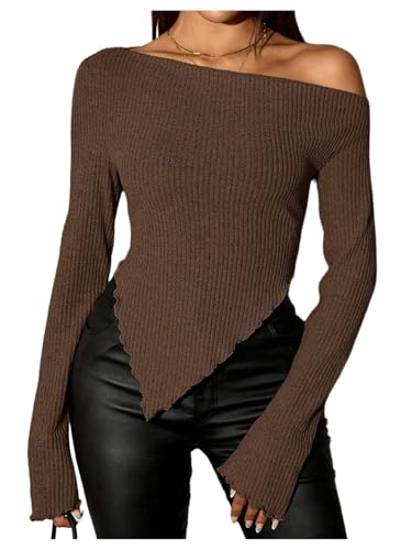 Milumia Women's Sexy One Off The Shoulder Long Sleeve Top Asymmetrical Hem Ribbed Knit Tee Tops2