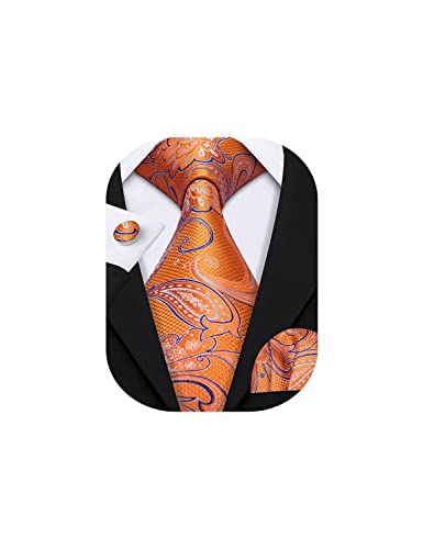 Juego de gemelos cuadrados de bolsillo para corbata de seda de cachemira para hombre, para boda, corbata de negocios, formal, Naranja Paisley, Taille unique