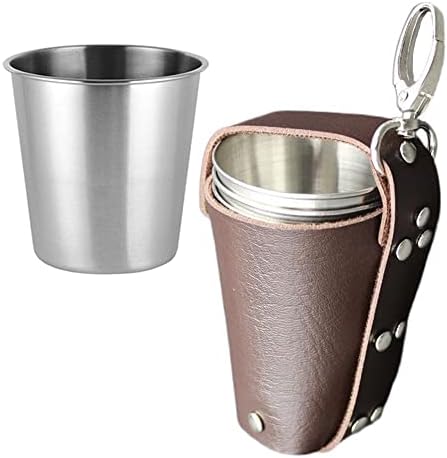 4 Pcs Mini Stainless Steel Cups 70ml Shatterproof Outdoor Cup Mug Reusable Stackable Drinking Glass with Leather Case for Picnic Wine Hiking Camping Beer Party Whiskey