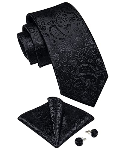 Image of DiBanGu Mens Paisley Tie Sets Silk Jacquard Woven Floral Necktie and Pocket Square Cufflinks Wedding Business Party