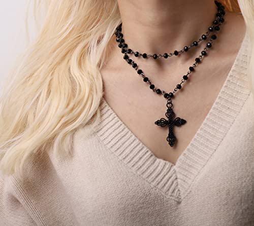 Sacina Gothic Layered Cross Choker Necklace, Black Bead Cross Choker, Gothic Emo Grunge Necklace, Costume Jewelry, Halloween Christmas Jewelry Gift for Women3