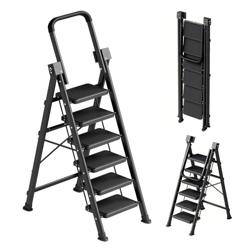 Image of 6 Step Ladder, Retractable Handgrip Folding Step Stool with Anti-Slip Wide Pedal, Carbon Steel Step Stool Ladders for Adult,Safety Household Ladder for Kitchen,Home,Office&Garage