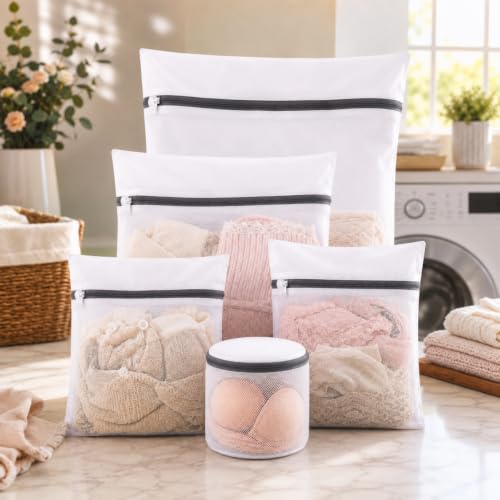 Kit 5 Sacos para Lavar Roupas Delicadas na Máquina, Zíper Reforçado, Rede de Proteção Contra Pelos, Danos e Deformações, Reutilizável, Ideal para Lingerie, Sutiã, Meias e Roupas Íntimas