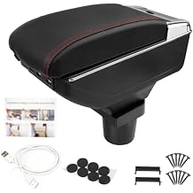 Center Console Armrest Compatible with Mini Cooper Coupe R50 R52 R53 R56 R57 R58 F55 F56 F57 Countryman with 7 USB Port Cup Holder Double Layer Organizer Storage Box Black with Red Line