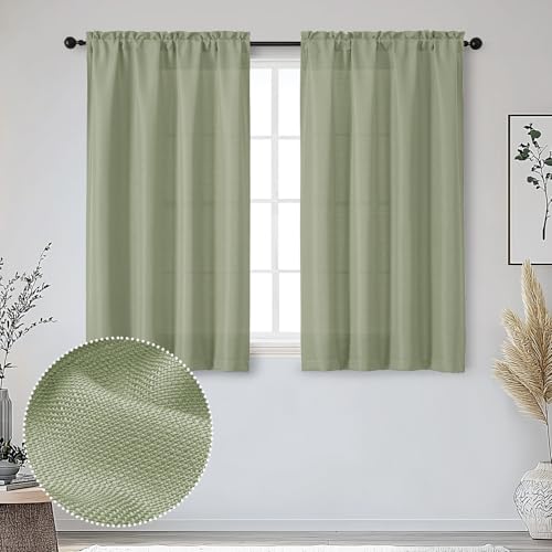 OWENIE Bob Sage Green Curtains 45 Inch Length 2 Panels Set Light Filtering Small Window Curtains for Bedroom Living Room Faux Linen Textured Modern Solid Airy Rod Pocket Drapes 30Wx45L Inch 2 Pcs