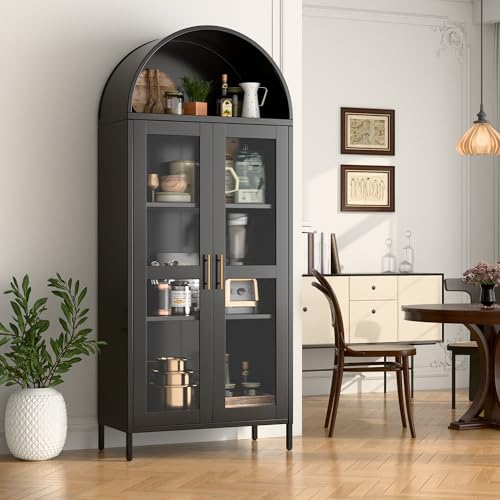 Image of 73-Inch Metal Arched Curio Cabinet with Motion Sensor LED Lights | Black metal cabinet with glass doors, 2 adjustable shelves and 3 motion-sensor LED strips; assembly required.