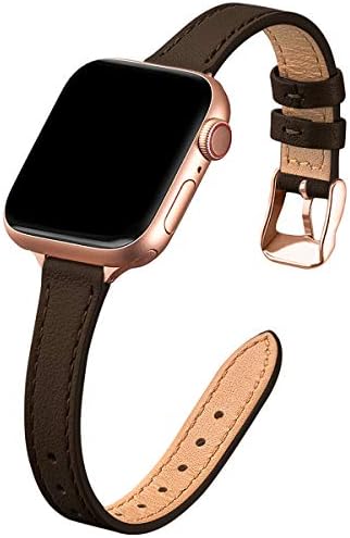 SUNFWR Compatible with Apple Watch Strap 38mm 40mm 41mm,Genuine Leather Strap Replacement,Slim&Thin Wristband for iwatch Series 7/6/5/4/3/2/1,SE(38mm 40mm 41mm,Black&Rosegold)