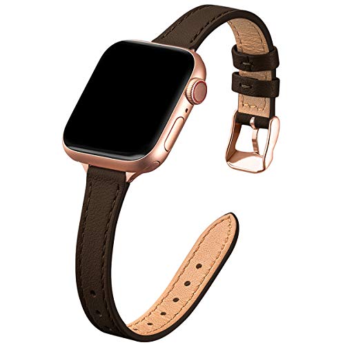 Image of STIROLL Slim Leather Bands Compatible with Apple Watch Band 38mm 40mm 41mm 42mm 44mm 45mm 49mm,Top Grain Leather Watch Thin Wristband for iWatch Ultra SE Series 8 /7 /6 /5 /4 /3 /2 /1(Coffee with Rose Gold)