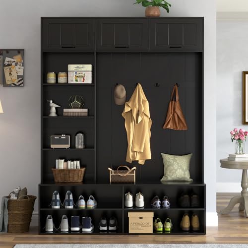 Image of 5-in-1 Hall Tree with Bench, Entryway Storage Organizer Cabinet, Black