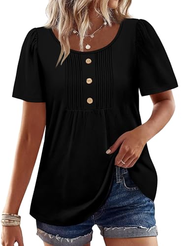 Image of Womens Tops Dressy Casual Blouses Short Sleeve Shirts Plus Size Fashion Clothing Spring Summer Outfits Button Pleated Front