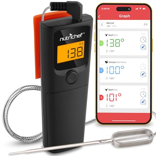 NutriChef PWIRBBQ90 Bluetooth Meat Thermometer - for Grilling Smart Wireless Kitchen Remote Instant Read BBQ Temperature Probe for Grill, Oven, Smoker, Cooking, Smoking Food w/Digital LCD Display