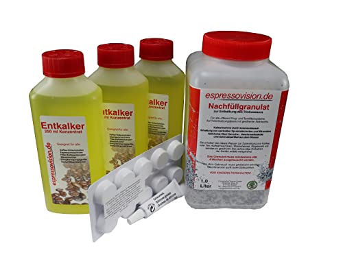 1 Liter Nachfüllgranulat (700g) + 3er Set (3x250ml) Flüssig Entkalker - 10 (10x2,5 g) Kaffeefettlösertabletten und 6g Silikonfett im Set - für Kaffeevollautomaten und Siebträgergeräte Cover