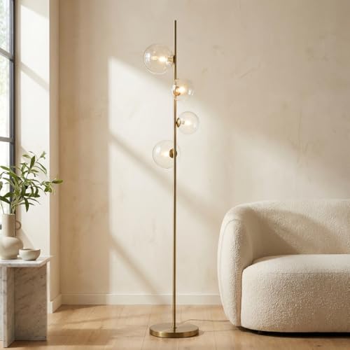 BARCELONA LED - Lámpara de Pie STAND Dorada con Esferas de Cristal Transparente. Lámpara Dorada Moderna x4 casquillos G9. Lámpara de pie para Salón, Dormitorio o Estudio