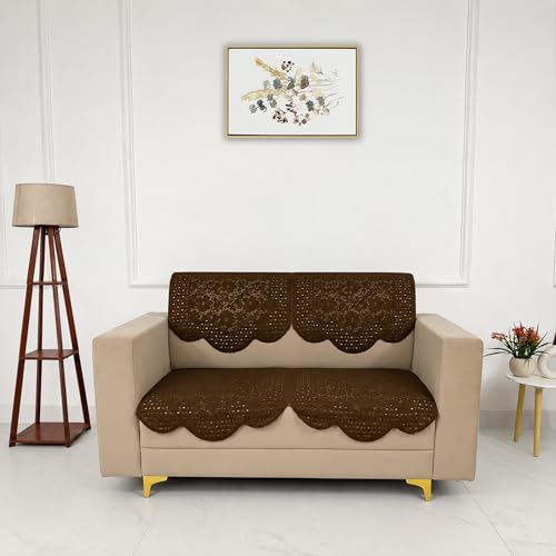 Image of Homerz Premium 'Surya Series' Sofa Cover | Stylish Sofa Protector | Net Fabric | Anti-Stain & Washable Slip Cover Exact Size Antislip (Flower Valley Brown, 2 Seater, Seat Cover with Backrest)