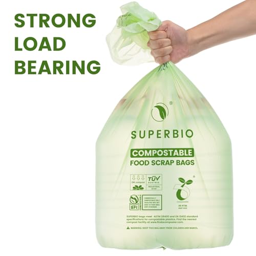 SUPERBIO 13 Gallon Compostable Kitchen Waste Bags, 50 Count, 1 Pack, Flat top Food Scrap bags, Certified by BPI and OK compost INDUSTRIAL, 49.2L, 0.87 Mil