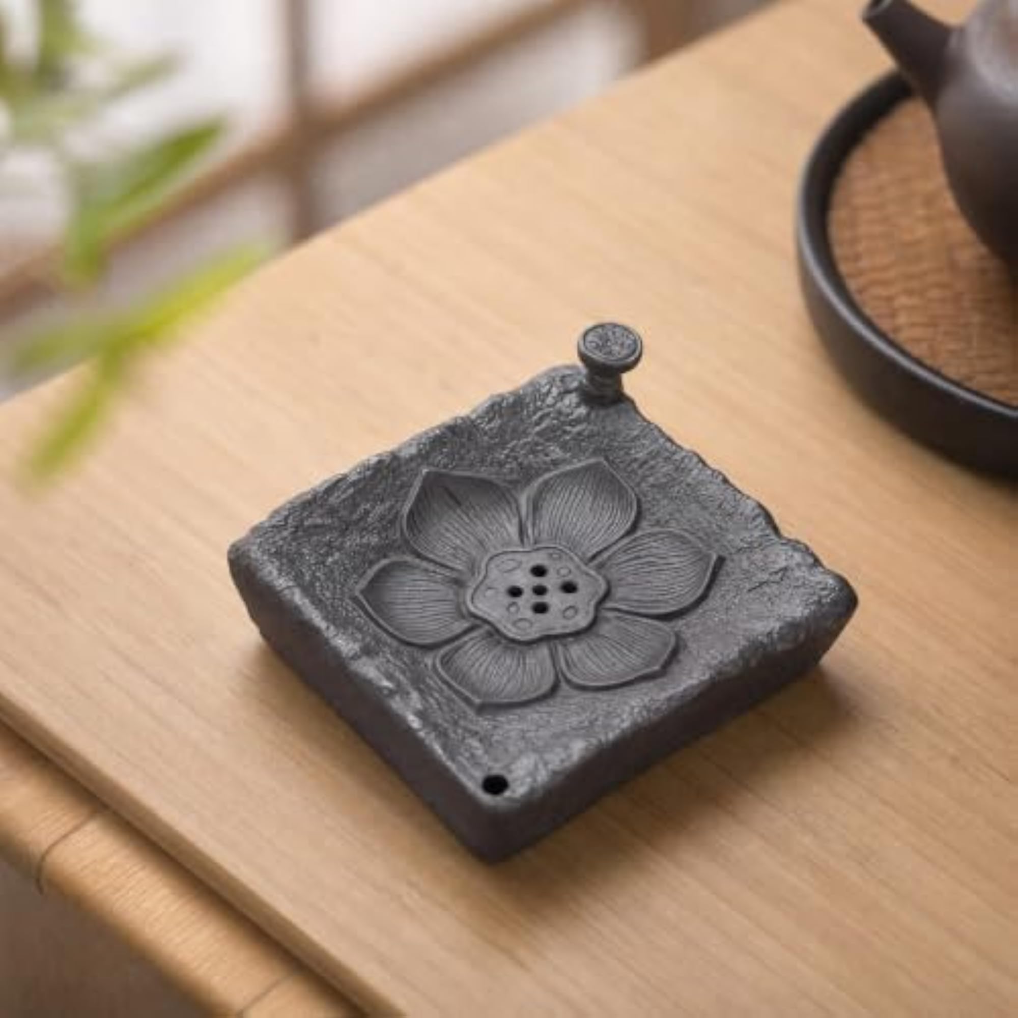 Giftable Violet Clay Teapot Stand, Textured Lotus