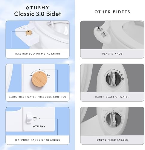 TUSHY Classic 3.0 Non-Electric Bidet Toilet Attachment, Experience a Superior Fresh Water Clean (Slim Fit, Easily Installs Under Toilet Seat, Adjustable Spray, Self Cleaning Nozzle), Bamboo Knob - 2