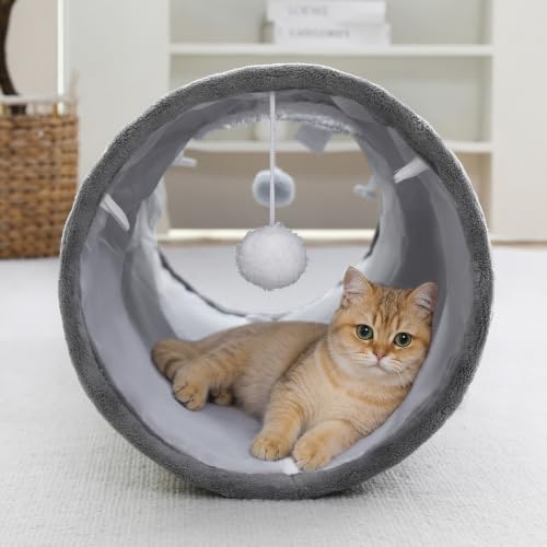 Image of Straight Bubble Cat Tunnel for Indoor Cats 47 inchx12 inch, Grey | Cute Cat Toys, Collapsible Tunnel Tube with Hanging Balls for Puppy Kitten Rabbit