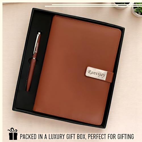 Image of SAVRI A5 Personalized Leather Diary & Engraved Pen - Custom Name Executive Notebook with Employee Name & Company Logo - Non-Dated, Joining Kit, Corporate Gift, Office, Travel & Birthday Gift (Tan)