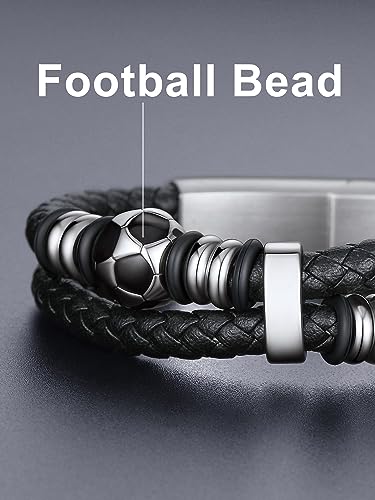 Bandmax Men's Soccer Bracelet Genuine Braided Leather Football Bangle Wristband Bracelets For Men Sport Jewelry Gift For Soccer Lovers -8.26" #TOP1