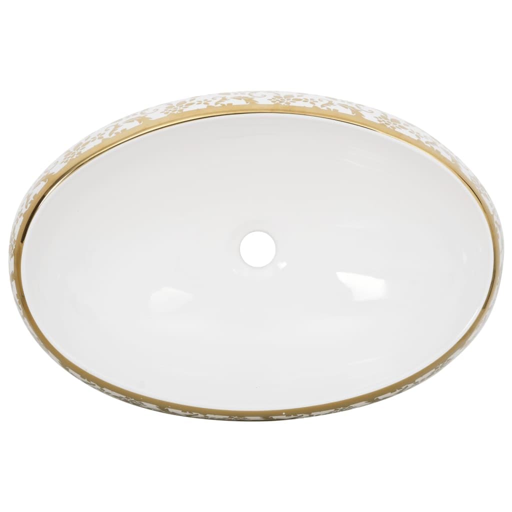 ShGaxin Lavabo sobre encimera Ovalado cerámica Blanco Dorado 59x40x15cm, Fregadero, Lavabo Baño, Lavamanos Baño, Lavatorio Casa De Banho, Mueble Lavabo sobre Encimera - 155111