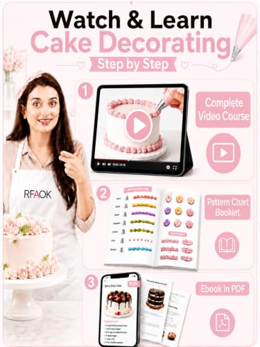 RFAQK 90PCs Cake Decorating Kit for Beginners, Baking Supplies Includes Cake Turntable, Cake Leveler, 24 Icing Piping Tips, 56 Piping Bags, 2 Couplers, Spatulas, Scrapers, Video Course and Booklet - Image 6