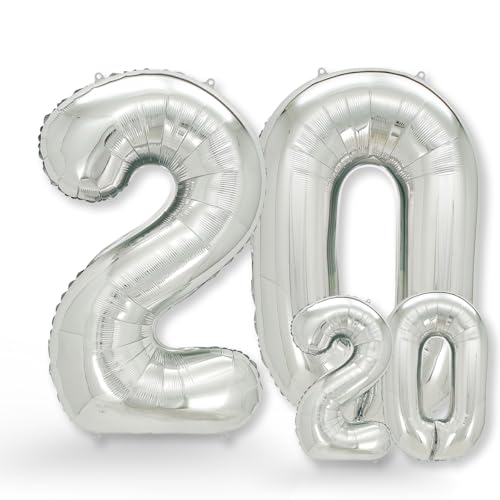 FUNXGO Balão gigante número 20 prateado para decoração, 100 cm e 40 cm, decoração para aniversários, aniversários, celebrações, decoração 20 aniversários e balão prateado