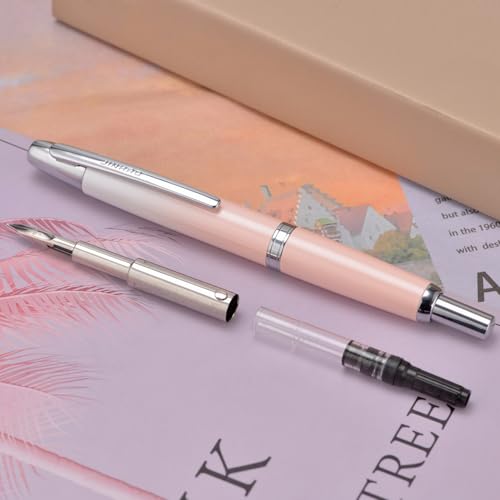 Image of Jinhao 10 Press Fountain Pen with Box, Gradient Peach Pink Retractable Fine Nib with Ink Converter Set (Silver Clip)