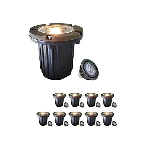 MALORY Brass Top Cover Landscape Well Lights, (4.6''H) 12V Low Voltage Outdoor In Ground Lights,Landscape Lighting for Pathway, Driveway and Garden 10-Pack with Bulb (Flat Top) 10-pack with