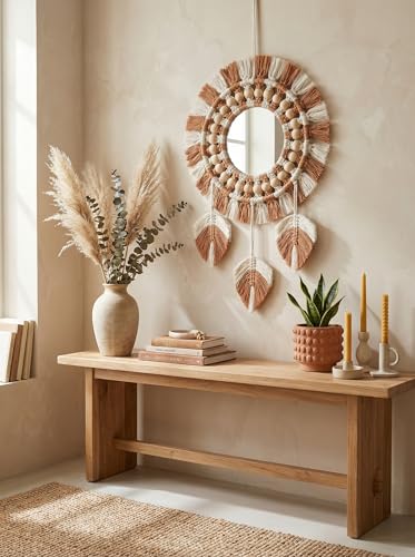 Image of JH Gallery Boho Macrame Mirror Wall Hanging - Handcrafted Cotton Rope Round Mirror with Tassels & Wooden Beads for Home, Bedroom & Entryway Decor(Brown)