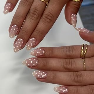Polka Dot Press on Nails Short Almond Fake Nails Cute False Nails Press ons with White Dots Design Full Cover Stick on Nail for Women Manicure,Glossy | Reusable | Nail Sticky Tab | Easy Apply | 24Pcs