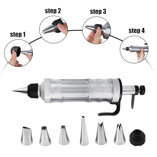 LEKEFETO Siringa professionale in acciaio inox, pressa per dolci con 6 beccucci, siringa per torte, siringa per marmellata, per decorare torte, biscotti, pasticcini, colore nero - 5