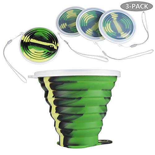 Silicone Collapsible Travel Cup with Lid, Silicone Portable Drinking Mug, Folding Camping Cup, Expandable Camouflage Outdoor Drinking Cup Set, Also Can be Pets Drinking in Walking (3 Green)